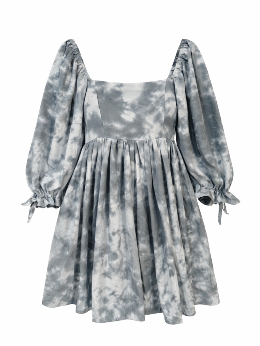 Puff Sleeve Gray and White Tie-Dye Festival Dress Knee-Length with Half Sleeves - Picture 2 of 4